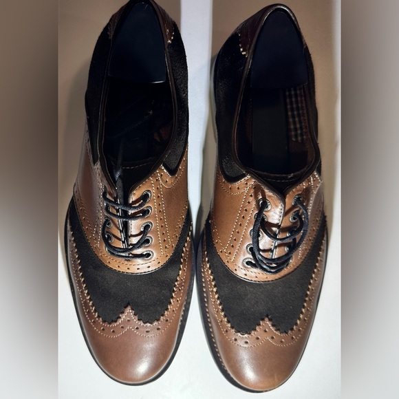 Johnston & Murphy Ellington wingtip sheepskin brown leather black suede oxfords - Picture 2 of 8
